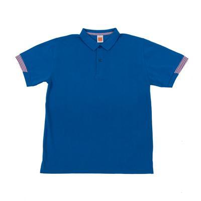 Trendy Honeycomb Polo Tee in royal blue with unique zig-zag design and contrasting colors, perfect for corporate gifts.