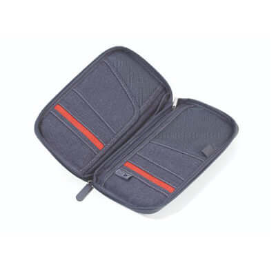 Open Troika Safe Flight Case showing zipper closure and multiple compartments for documents and essentials.