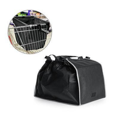 Trolley Shopping Bag shown fitted to a shopping trolley, made from durable non-woven fabric for eco-friendly use.