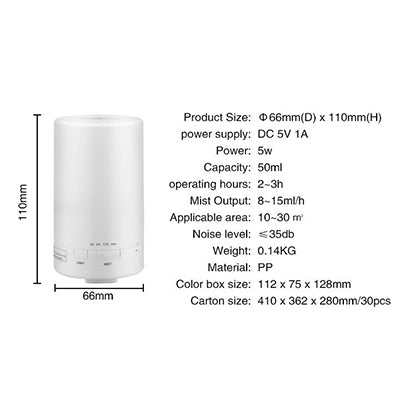 Ultrasonic Aromatherapy Diffuser product specifications, featuring size, power supply, and mist output details.