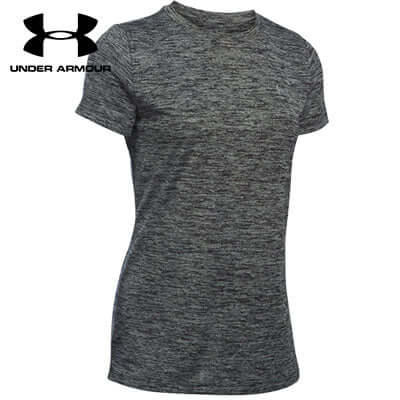 Under Armour Ladies Tech Twist Tee Shirt in dark gray fabric, perfect for workouts and as a Corporate Gift.