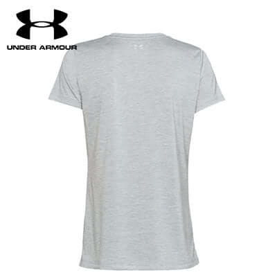 Back view of Under Armour Ladies Tech Twist Tee Shirt in light grey, perfect as a corporate gift for active women.