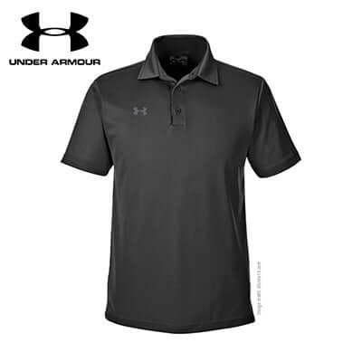 Under Armour Men Corporate Polo Tee in black color with logo, a stylish choice for professionals.