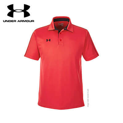Under Armour Men Corporate Polo Tee in red color, ideal for office or casual wear, featuring the Under Armour logo.