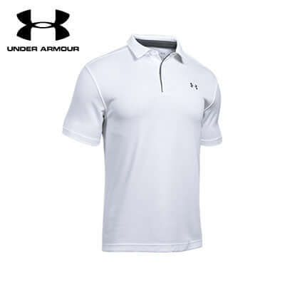 Under Armour New Tech Men Polo Shirt in white, ideal for workouts and outdoor activities.