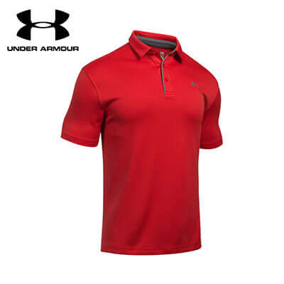 Under Armour New Tech Men Polo Shirt in red color, lightweight and breathable, ideal for workouts or casual wear.