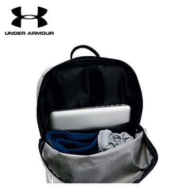 Inside view of Under Armour Patterson Backpack, featuring a laptop sleeve and organized storage.