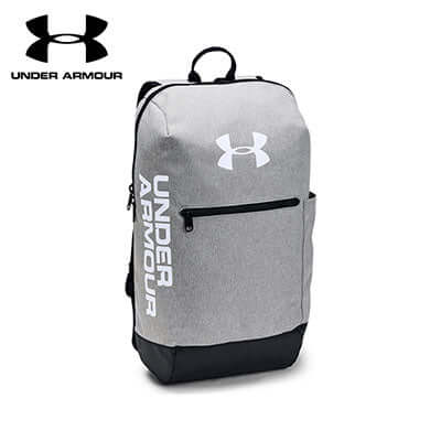 Under Armour Patterson Backpack with UA Storm technology in gray and black, perfect for corporate gifts.