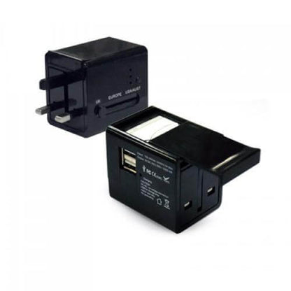 Universal AC USB Charger with Power Bank in black, featuring UK, EURO, AUS & US plugs for versatile charging.
