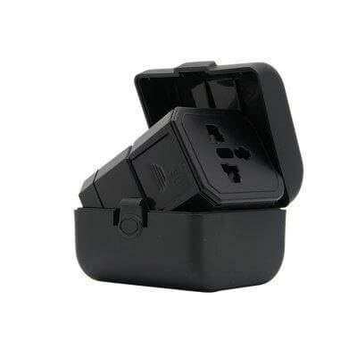 Universal Travel Adapter With Box opened, showcasing surge protection and 4-in-1 design for global travel.