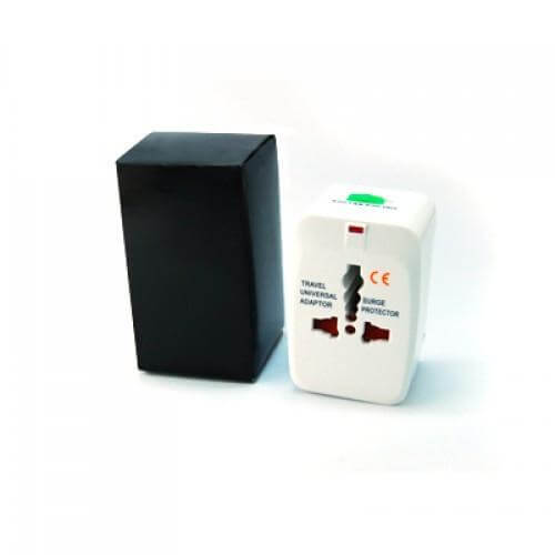 Universal Travel Adaptor With Pouch and sleek black packaging for safe charging worldwide.