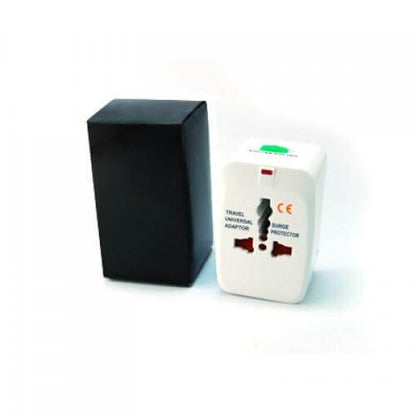 Universal Travel Adaptor With Pouch and sleek black packaging for safe charging worldwide.