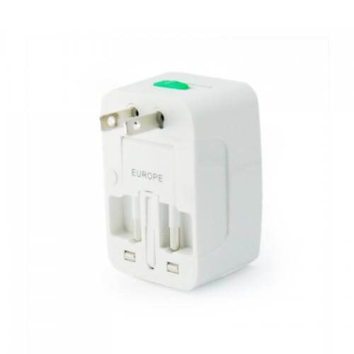 Universal Travel Adaptor With Pouch for Europe, featuring a power indicator light and surge protection.