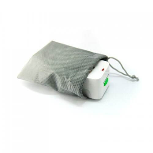 Universal Travel Adaptor With Pouch in a gray storage bag, perfect for frequent travelers as a corporate gift.