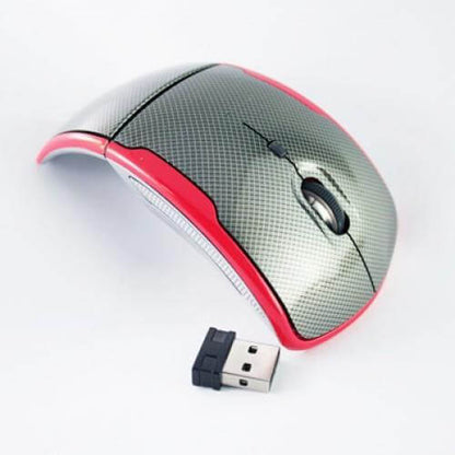 Wireless Foldable Optical Mouse in red and silver with USB receiver.