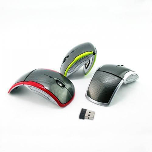 Wireless Foldable Optical Mouse in red, green, and silver with USB receiver on a white background.