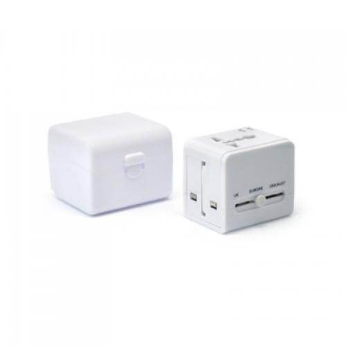 Worldwide Travel Adaptor With 2 USB Hub and Case for global travels and corporate gifts.