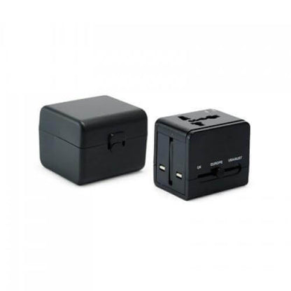 Worldwide Travel Adaptor With 2 USB Hub and Case in black, compact design for global use.