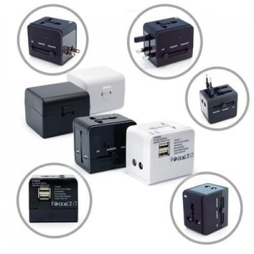 Worldwide Travel Adaptor With 2 USB Hub and Case in various colors and designs, ideal corporate gift for travelers.