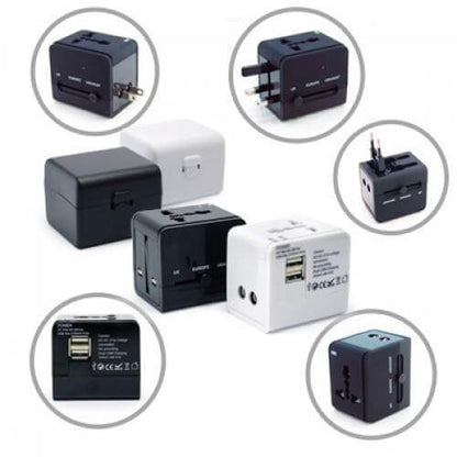 Worldwide Travel Adaptor With 2 USB Hub and Case in various colors and designs, ideal corporate gift for travelers.
