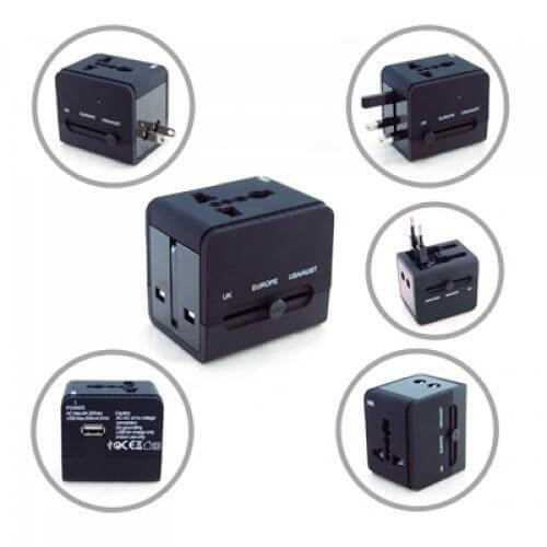 Worldwide Travel Adaptor with USB Hub - versatile charger for UK, EU, US, and AU with USB port and interchangeable prongs.