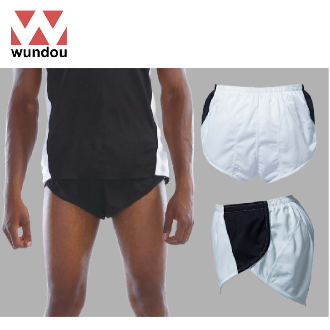 Wundou P5580 Running Shorts displayed in black and white, showcasing quick-dry fabric, ideal for athletes.