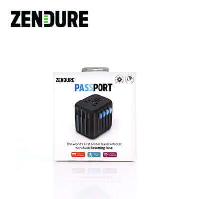 Zendure Passport Travel Adapter packaging showing global travel features and auto-resetting fuse.