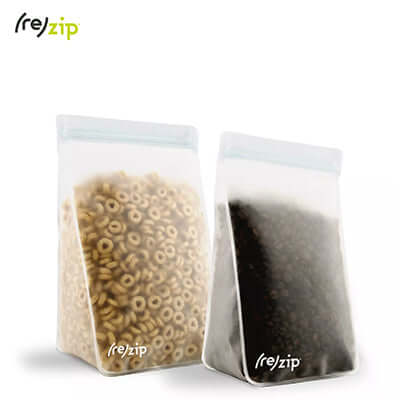 Rezip Tall Leakproof Reusable Storage Bag 2-piece kit with snacks inside, ideal for corporate gift and organization.