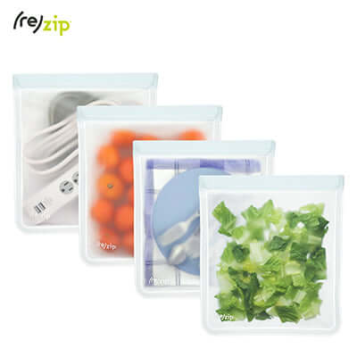 Rezip Lay-Flat Gallon Leakproof Reusable Storage Bag 4-pack kit featuring various food items.