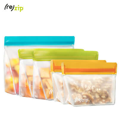 Rezip 5-piece Stand-Up Leakproof Reusable Storage Bag Pack n' Go Kit in vibrant colors for eco-conscious storage solutions.