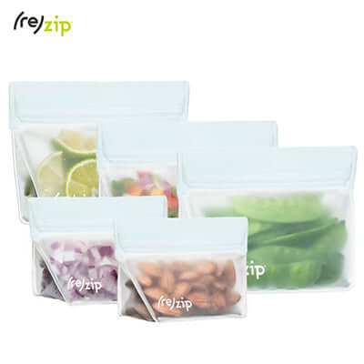 Rezip 5-piece Stand-Up Leakproof Reusable Storage Bag Starter Kit displaying colorful food items in stylish, eco-friendly bags.