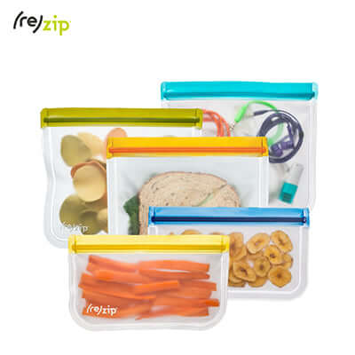 Rezip 5-piece Lay-Flat Starter Leakproof Reusable Storage Bag Kit - multicolor containing snacks and lunch items.