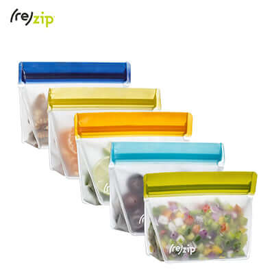 Rezip Stand-Up 1-cup | 8-ounce Leakproof Reusable Storage Bag 5-pack in vibrant colors for snacks and sandwiches.