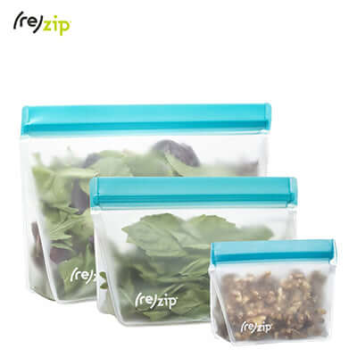 Rezip 3-piece Stand-Up Leakproof Reusable Storage Bag Kit for snacks and travel essentials.