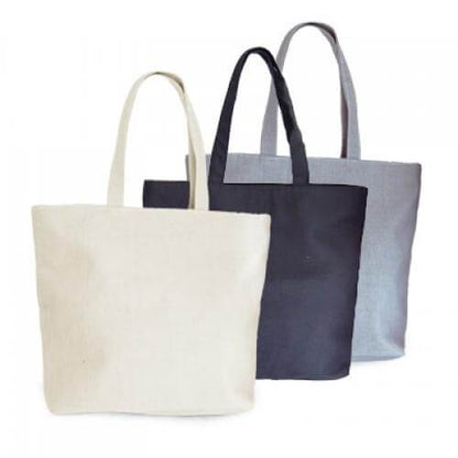 Zippered Eco Cotton Bag in three colors, ideal as a corporate gift for daily use and eco-friendly storage.